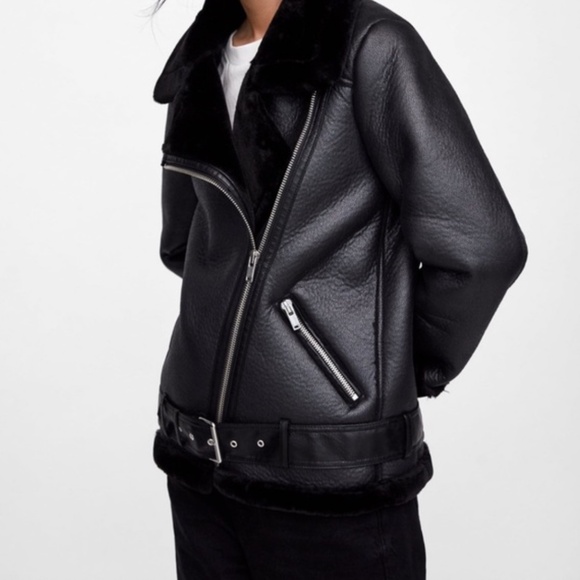Zara black faux shearling / fur moto biker jacket - Picture 3 of 7